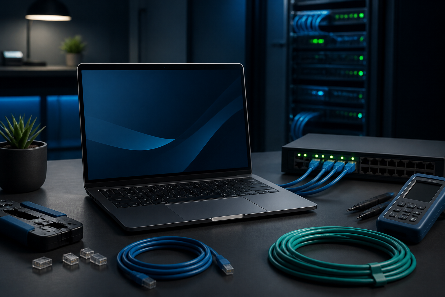 Notebook com equipamentos profissionais de rede e infraestrutura de TI